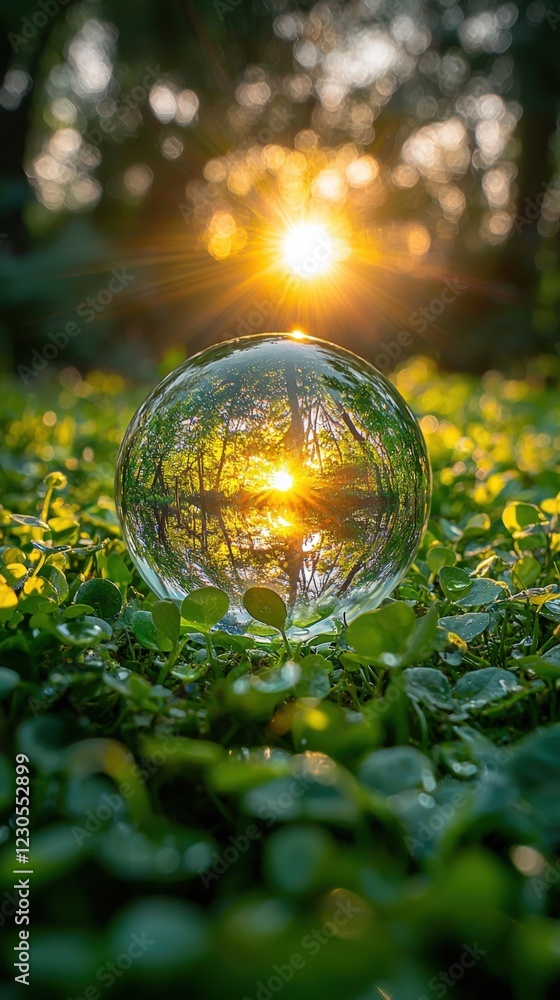 Nature's Reflection: Glass Orb Capturing Golden Sunset in Greenery Nature's Reflection: Glass Orb Capturing Golden Sunset in Greenery
