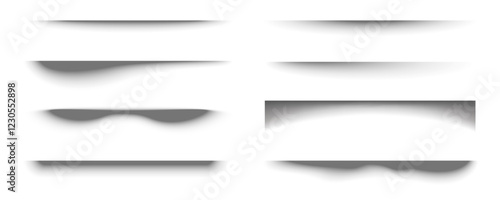 Gradient vector shadows set isolated on white background. Black gradient shade boxes. Realistic drop shapes with soft blur. Rectangle spots under edge of page