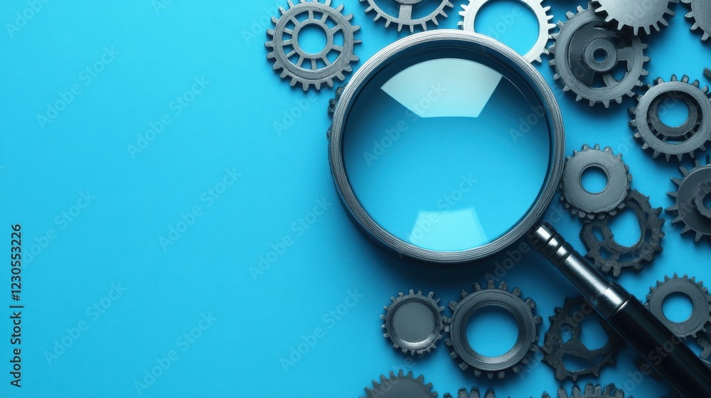 Magnifying glass and gears on blue background representing seo audit and analysis. Magnifying glass and gears on blue background representing seo audit and analysis.