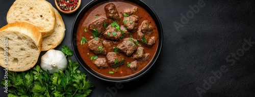 Wallpaper Mural Hearty beef stew served with potatoes and catfish bread, perfect for fast food lovers craving a complex meal, all on a dark surface. Torontodigital.ca