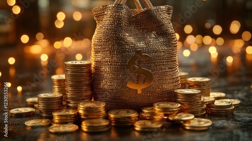 Golden money bag sits among stacks of gold coins