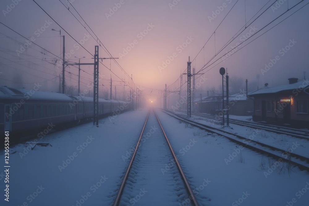 Fototapeta premium Foggy Railway at Sunrise