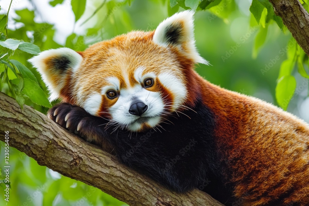 Fototapeta premium A red panda relaxes on a sturdy tree branch, nestled among vibrant green foliage. The animal enjoys a calm moment, highlighting its unique features and peaceful demeanor