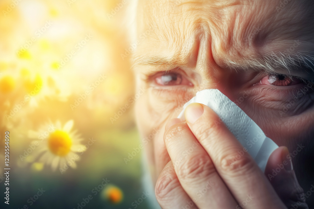 Senior man suffering from seasonal allergies blowing his nose with tissue paper near blooming trees
