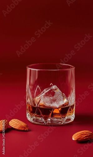 Sipping whiskey on the rocks with salted almonds and a red backdrop photo