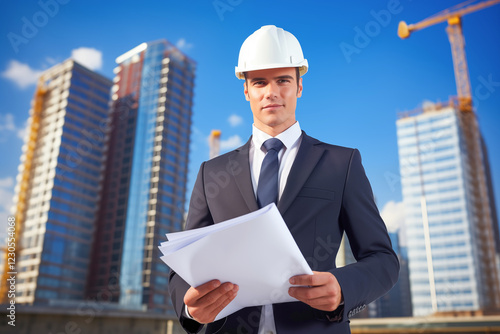 Confident architect holding blueprints and wearing protective helmet in front of skyscrapers under construction