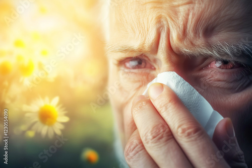 Obraz na płótnie Senior man suffering from seasonal allergies blowing his nose with tissue paper near blooming trees w salonie