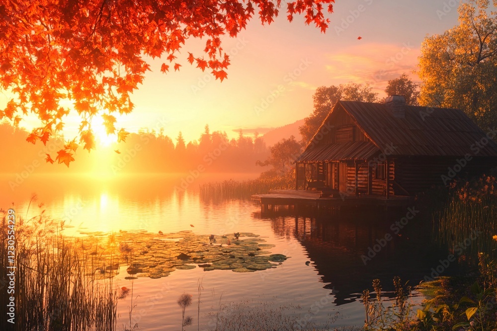 Fototapeta premium Serene sunrise over a tranquil lake beside a rustic cabin enveloped in autumn hues