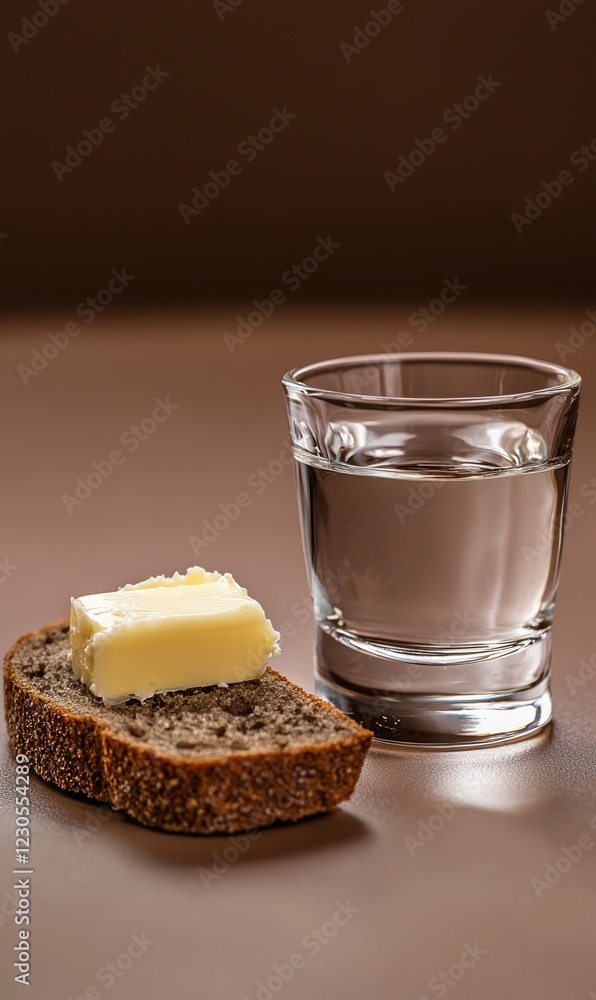 Vodka shot with rye bread and butter on warm brown background Vodka shot with rye bread and butter on warm brown background