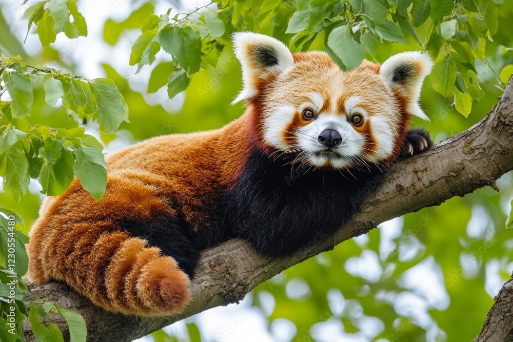 Obraz premium A red panda lounges comfortably on a tree branch, blending with vibrant green foliage. The serene atmosphere captures the essence of this adorable creature's habitat