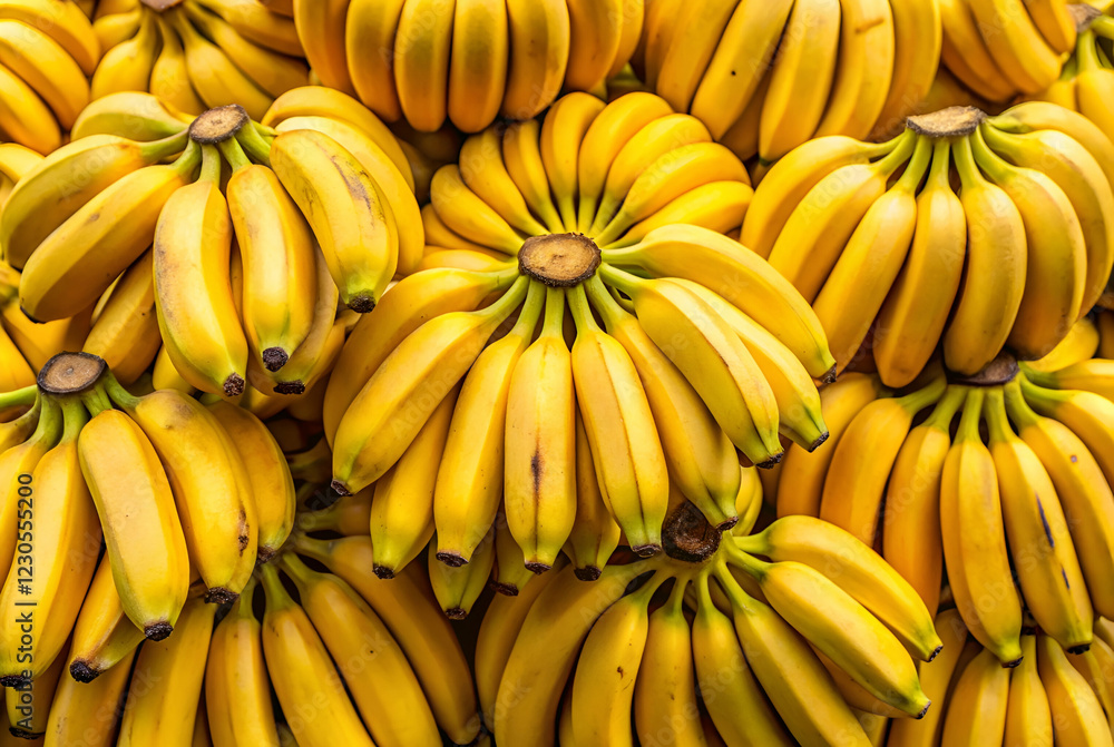 A vibrant display of fresh, ripe bananas stacked together, showcasing their bright yellow color and natural curves. A vibrant display of fresh, ripe bananas stacked together, showcasing their bright yellow color and natural curves.