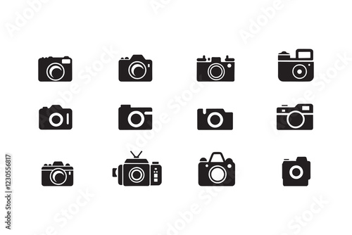 Collection of 12 Black Silhouette Photography and Camera Icons - DSLR, Vintage, and Lens Designs in EPS Vector