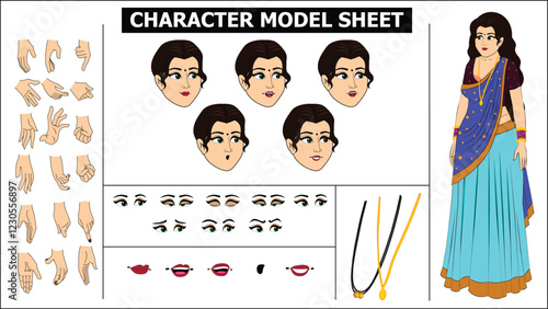 Indian Girl, woman, old woman Character Design Model Sheet with walk cycle animation. Girl Character design. eyes blink with eye brows expressions and lip sync. Hands poses ready to use for animation.