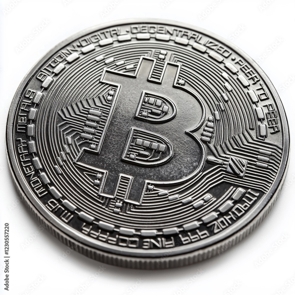 Close-up of a silver cryptocurrency coin Close-up of a silver cryptocurrency coin
