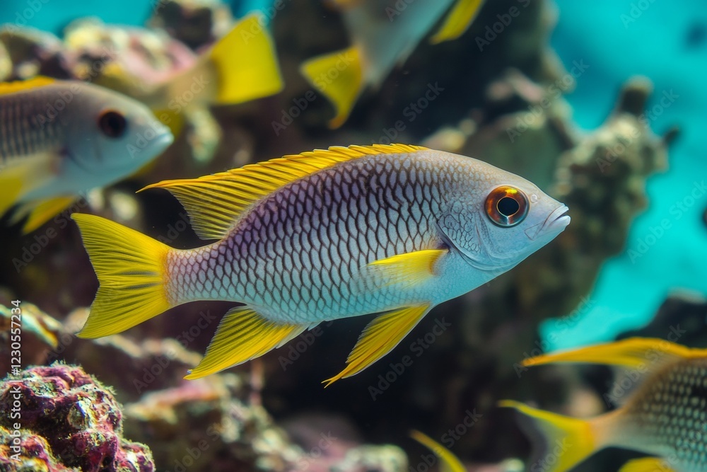 A vibrant school of tropical fish swims peacefully among the corals, showcasing their bright colors against the crystal-clear blue water. Sunlight illuminates the underwater habitat beautifully A vibrant school of tropical fish swims peacefully among the corals, showcasing their bright colors against the crystal-clear blue water. Sunlight illuminates the underwater habitat beautifully