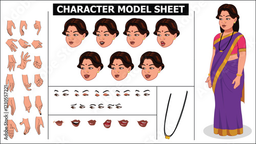 Indian Girl, woman, old woman Character Design Model Sheet with walk cycle animation. Girl Character design. eyes blink with eye brows expressions and lip sync. Hands poses ready to use for animation.