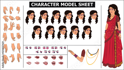 Indian Girl, woman, old woman Character Design Model Sheet with walk cycle animation. Girl Character design. eyes blink with eye brows expressions and lip sync. Hands poses ready to use for animation.