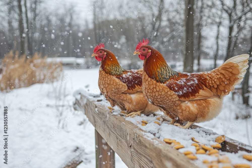 Fototapeta premium Chickens in Winter Snowy Farm Scene