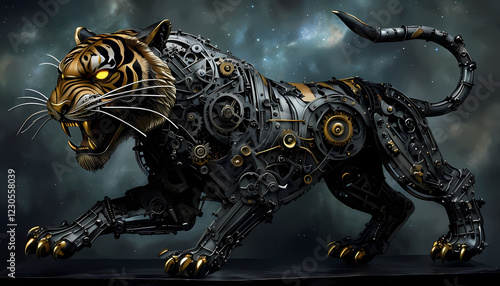 robot tigre feroce costituita cavi elettrici e da ingranaggi meccanici in stile steampunk, Ferocious tiger robot made up of electric cables and mechanical gears in steampunk style photo