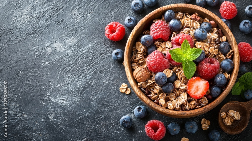 Healthy Breakfast Bowl with Berries and Granola on Dark Background Healthy Breakfast Bowl with Berries and Granola on Dark Background