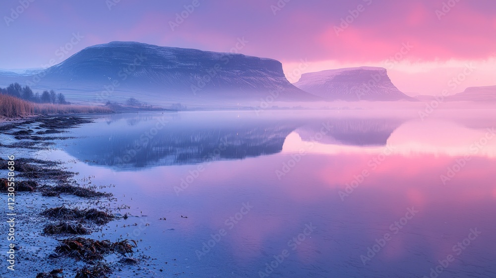 Fototapeta premium Serene Icelandic landscape at sunrise with mountains and calm water