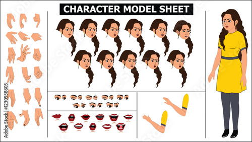Indian Girl, woman, old woman Character Design Model Sheet with walk cycle animation. Girl Character design. eyes blink with eye brows expressions and lip sync. Hands poses ready to use for animation.