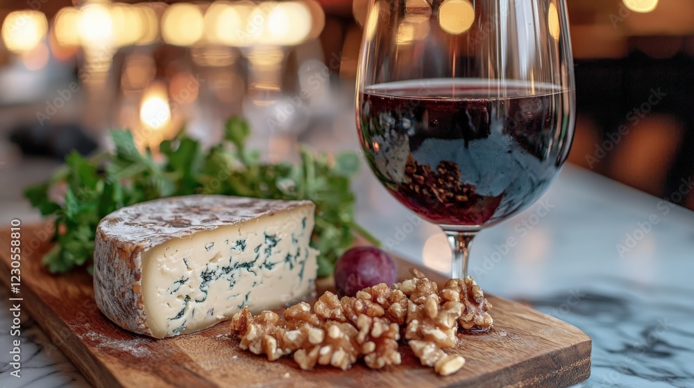 Delicious Blue Cheese Pairing with Red Wine and Walnuts on Rustic Board Delicious Blue Cheese Pairing with Red Wine and Walnuts on Rustic Board