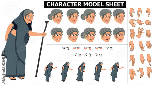 Indian Girl, woman, old woman Character Design Model Sheet with walk cycle animation. Girl Character design. eyes blink with eye brows expressions and lip sync. Hands poses ready to use for animation.
