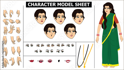 Indian Girl, woman, old woman Character Design Model Sheet with walk cycle animation. Girl Character design. eyes blink with eye brows expressions and lip sync. Hands poses ready to use for animation.
