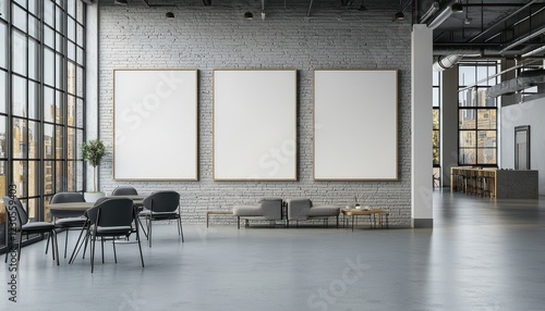 Mockup of an art exhibition space with blank canvases hanging in a modern gallery. Loft- setting
