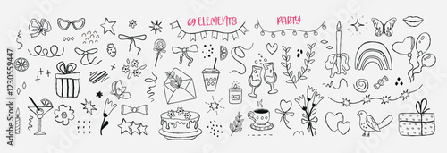 A set of hand drawn simbol  for a party with doodles. bow, dessert, gift, strawberries, balls: isolated elements. of icon sketches for invitation, flyer, poster. Vector art  illustration