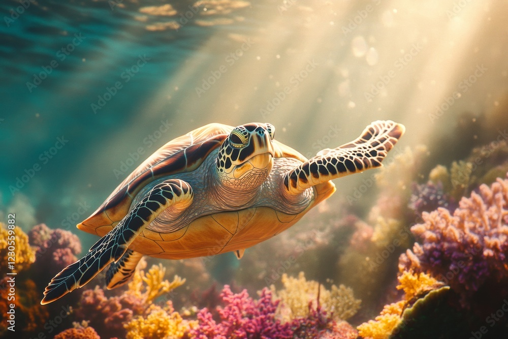 Fototapeta premium A sea turtle swims serenely near a vibrant coral reef, with rays of sunlight penetrating the crystal-clear water, illuminating the underwater life and colorful corals