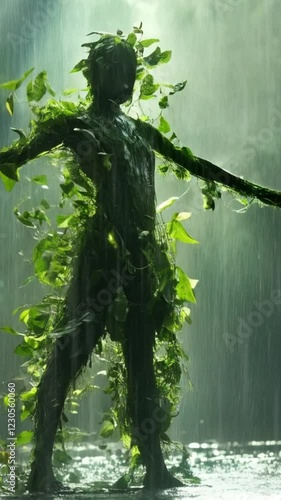 Various green leaves forming the body of a ballerina dancing in a wet forest. Water, environment and ecology concept