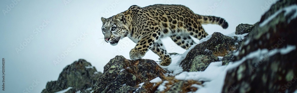 Fototapeta premium A snow leopard quietly traverses a rugged snowy mountain ridge, expertly blending into the rocky terrain. The majestic cat exhibits its sharp focus while navigating the frosty landscape