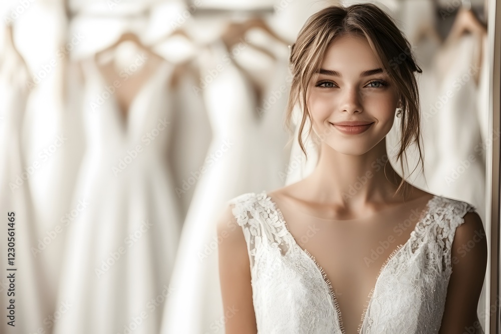 Stunning Bride in Lace Wedding Dress, Bridal Shop Background Stunning Bride in Lace Wedding Dress, Bridal Shop Background