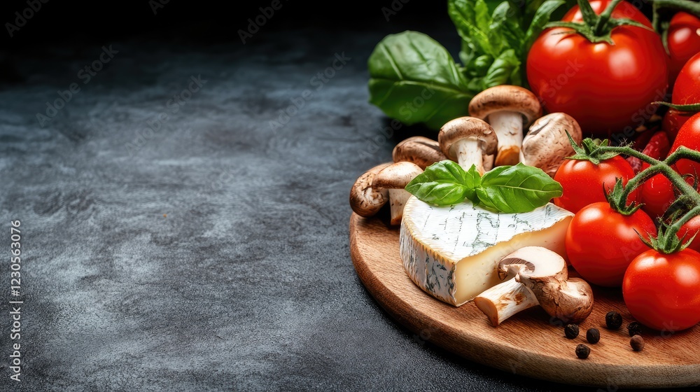 Close-up of sable-metallic white cheese on a wooden board, featuring mushrooms and tomatoes, showcasing rich textures and colors Close-up of sable-metallic white cheese on a wooden board, featuring mushrooms and tomatoes, showcasing rich textures and colors