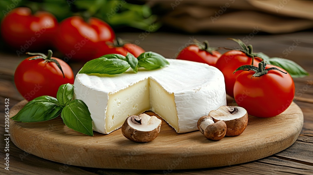 Close-up of sable-metallic white cheese on a wooden board, featuring mushrooms and tomatoes, showcasing rich textures and colors Close-up of sable-metallic white cheese on a wooden board, featuring mushrooms and tomatoes, showcasing rich textures and colors