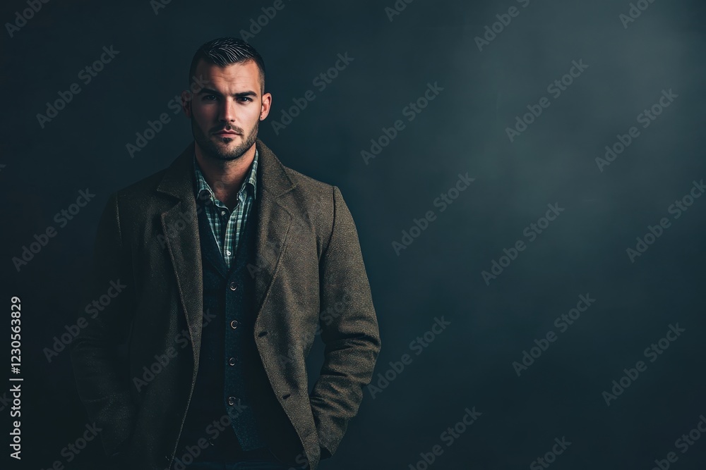 Stylish Man in a Dark Environment Wearing a Classic Coat and Vest Stylish Man in a Dark Environment Wearing a Classic Coat and Vest