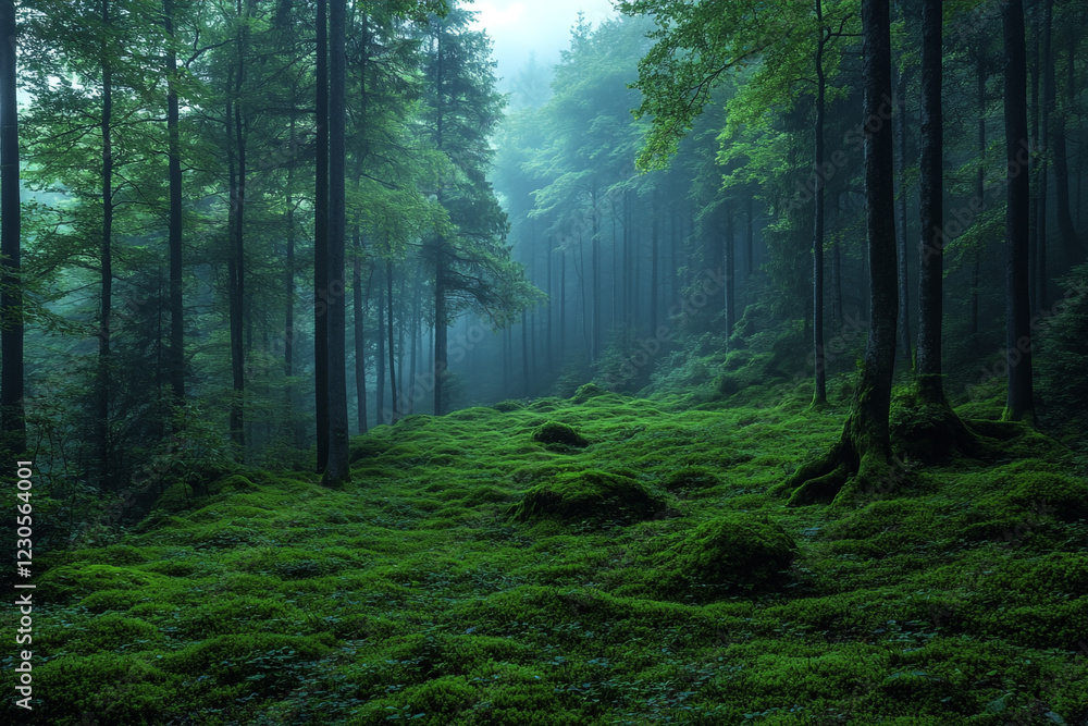 Obraz premium Misty Forest Path Mossy Ground Lush Trees