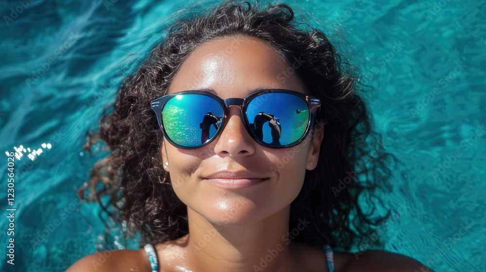 close-up portrait of a woman wearing sunglasses reflecting the sea