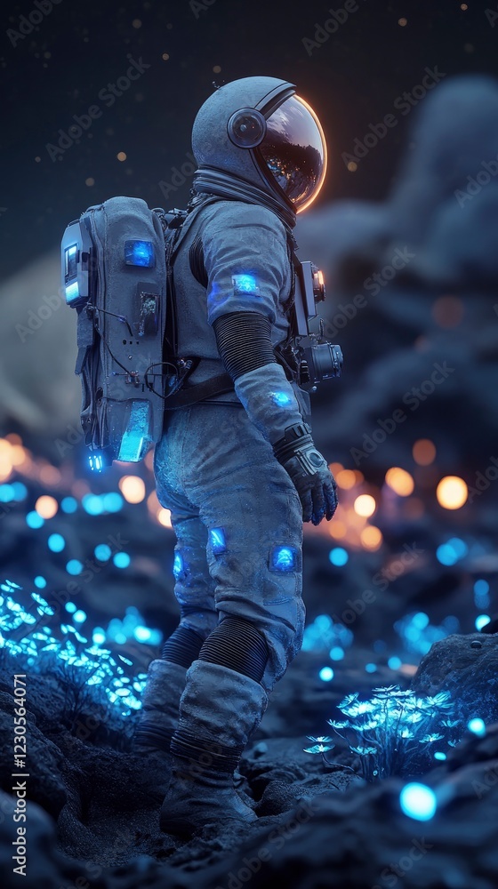 Fototapeta premium Close up photo of an astronaut walking on the surface of an alien planet with bioluminescent flora and a breathtaking alien sky