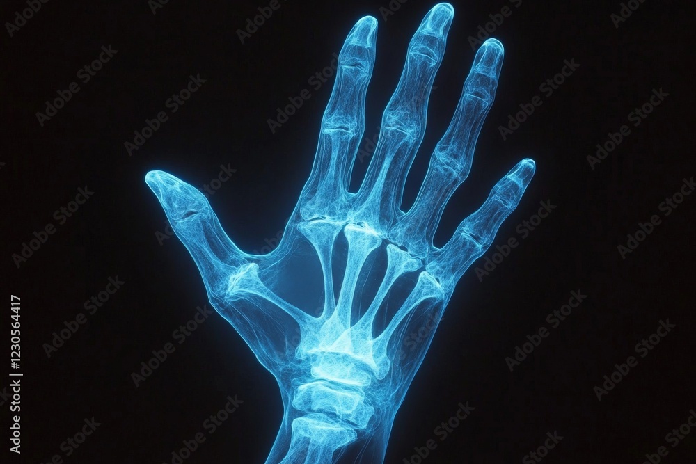 X-ray of a human hand showing detailed bone structure and anatomical features taken in a medical setting X-ray of a human hand showing detailed bone structure and anatomical features taken in a medical setting
