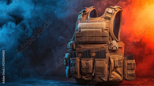 Tactical vest with pouches on vibrant background. photo