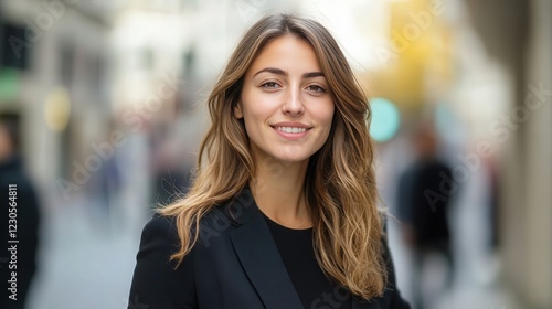 confident young businesswoman walking in a corporate district photo