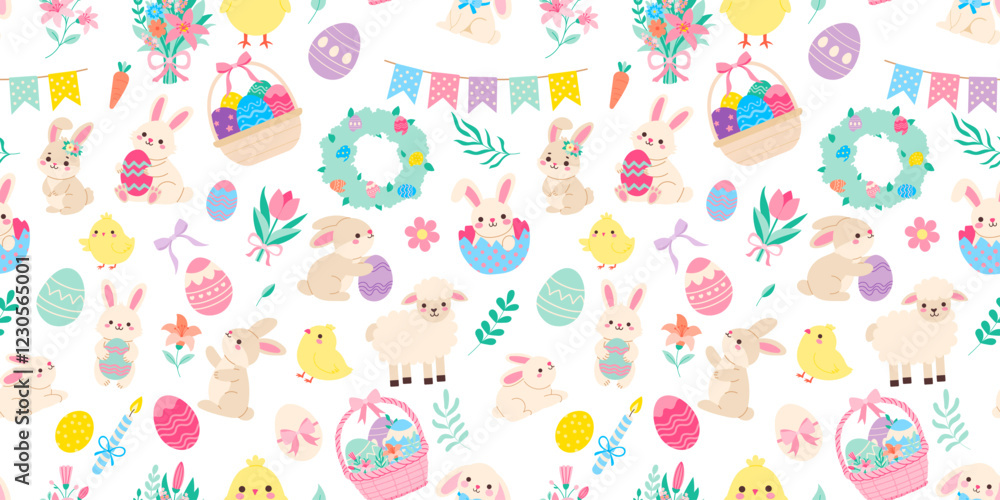 A colorful Easter scene with rabbits, chickens, and eggs. The image is a bright and cheerful display of Easter decorations A colorful Easter scene with rabbits, chickens, and eggs. The image is a bright and cheerful display of Easter decorations