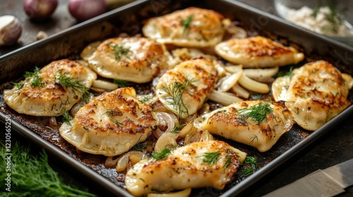 Golden brown pierogi with caramelized onions and fresh dill on a baking tray photo