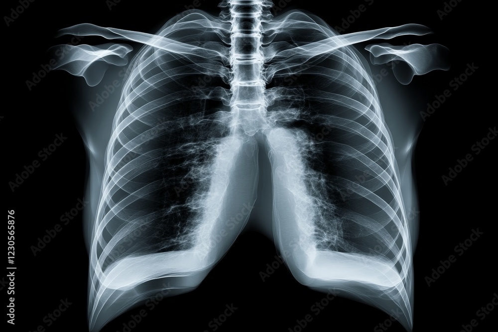 Detailed X-ray showing human lungs and ribcage from a frontal perspective in a clinical setting Detailed X-ray showing human lungs and ribcage from a frontal perspective in a clinical setting