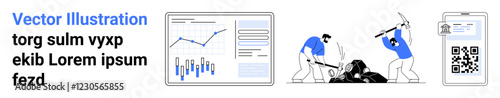 Bar and line charts on a screen, two people working with rocks, displaying a QR code. Ideal for teamwork, project management, data analysis, mining, technology, presentation, productivity. Landing