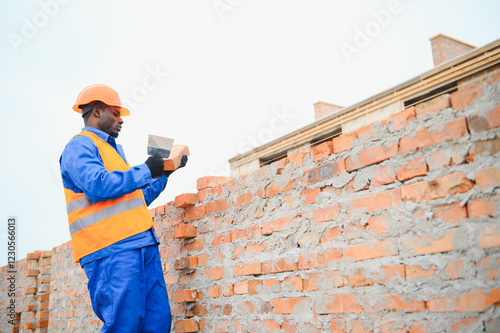 Wallpaper Mural Construction african american worker in uniform and safety equipment have job on building. Torontodigital.ca