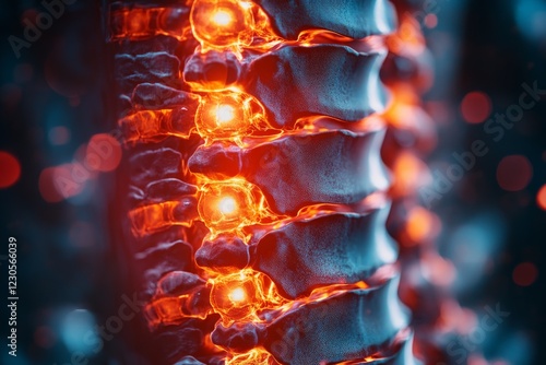 3D rendering of a glowing human spine showcasing intricate vertebral structure and vibrant details photo